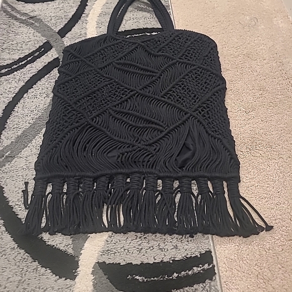 Anju Woven Cotton Large Fringe Black Bag - Picture 6 of 13
